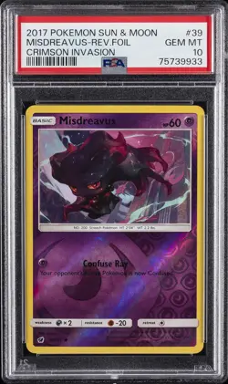 2017 POKEMON SUN & MOON CRIMSON INVASION #39 MISDREAVUS-REVERSE FOIL PSA 10 - Image 1