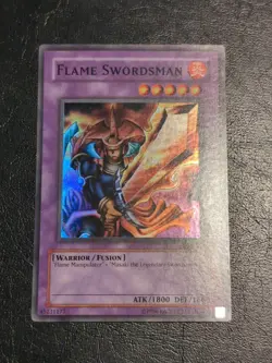Yu-Gi-Oh! SUPER RARE CARD FLAME SWORDSMAN LOB-003 1996 VINTAGE PRINT LP - Image 1