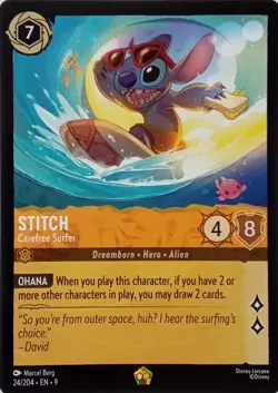 24/204 STITCH CAREFREE SURFER EN9 LEGENDARY DISNEY LORCANA CARD - Image 1