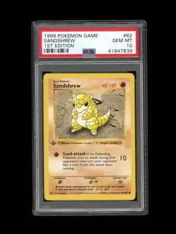Pokemon PSA 10 GEM MINT Sandshrew 1st Edition Base Set Shadowless 1999 Card #62 - Image 1
