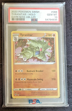2020 POKEMON SWORDS & SHIELD DARKNESS ABLAZE #88 TYRANITAR- HOLO PSA GEM MT 10 - Image 1