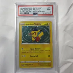 PSA 9 2020 Pokemon TCG SWSH #74 BSP Center Canada Special Delivery Pikachu Holo - Image 1