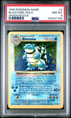 1999 POKEMON BASE SET SHADOWLESS #2 BLASTOISE-HOLO PSA 8 - Image 1