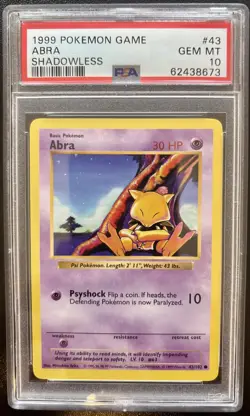 PSA 10 GEM MINT 1999 Pokemon Base Set Shadowless Abra # 43/102 - Image 1