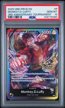 2025 One Piece EN Monkey.D.Luffy 3rd Ann Stamped Tournament #P PSA 10 New Slab! - Image 1