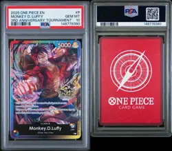 2025 One Piece EN Monkey.D.Luffy 3rd Ann Stamped Tournament #P PSA 10 New Slab! - Image 3