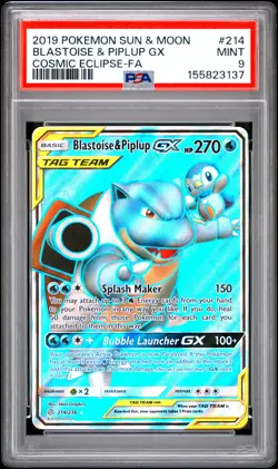 2019 Pokemon Sun & Moon Cosmic Eclipse Blastoise & Piplup GX -Fa PSA 9 #214 - Image 1