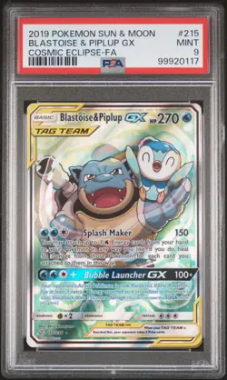 2019 POKEMON SUN & MOON COSMIC ECLIPSE #215 FULL ART/BLASTOISE & PIPLUP GX PSA 9 - Image 1