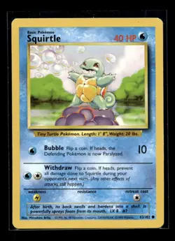 Squirtle 63/102 Common Base Set Unlimited Pokemon - Image 1
