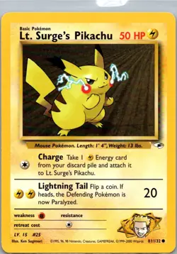 Pokemon TCG Lt Surges Pikachu 81/132 Gym Heroes NM - Image 1