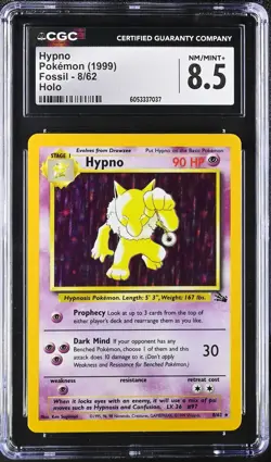 CGC 8.5 NM/MINT+ Hypno 1999 Fossil 8/62 Holo Pokemon Card psa - Image 1