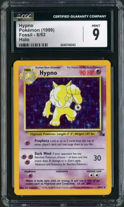 1999 Pokemon Fossil Unlimited Hypno Holo Rare 8/62 CGC 9 - Image 1