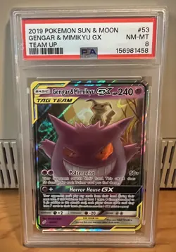 Pokemon TCG Gengar Mimikyu GX Team Up 53/181 PSA 8 NM-MT - Image 1