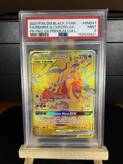 PSA 9 2021 POKEMON SM BLACK STAR PROMO #SM247 FULL ART/RESHIRAM & CHARIZARD GX - Image 1