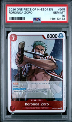 2026 ONE PIECE OP14-EB04-THE AZURE SEA'S SEVEN #015 RORONOA ZORO PSA 10 EBAY 1/1 - Image 1
