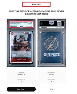 2026 ONE PIECE OP14-EB04-THE AZURE SEA'S SEVEN #015 RORONOA ZORO PSA 10 EBAY 1/1 - Image 3