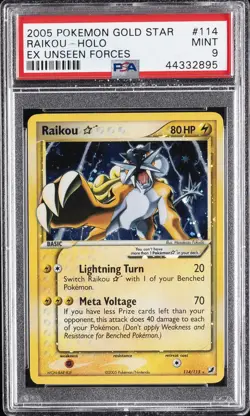 2005 POKEMON EX UNSEEN FORCES GOLD STAR #114 RAIKOU-HOLO PSA 9 - Image 1