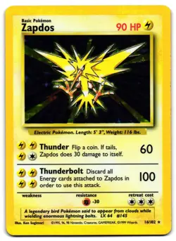 Zapdos 16/102 - 🌊 Base Set Unlimited Holo Rare Pokemon TCG Holo 🖤 - MP - Image 1