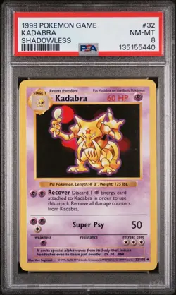 1999 POKEMON BASE SET SHADOWLESS #32 KADABRA PSA 8 - Image 1