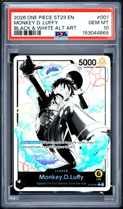 2026 One Piece ST29 EN Monkey D Luffy Black White Alternate Art #001 PSA 10 GEM - Image 1