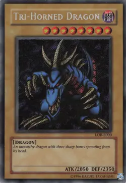 Yugioh Tri-Horned Dragon LOB-E000 Secret Rare LP - Image 1