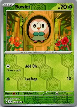 Rowlet 003/064 Common Shrouded Fable Pokemon Reverse Holo Lightly Played - Image 1