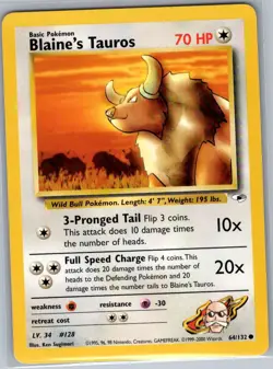 Blaine's Tauros 64/132 Non Holo Gym Heroes - Pokemon Card - NM - Image 1