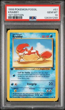1999 POKEMON FOSSIL 1ST EDITION #51 KRABBY PSA 10 - Image 1