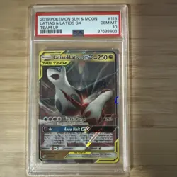 2019 POKEMON SUN & MOON TEAM UP #113 LATIAS & LATIOS GX PSA 10 - Image 1