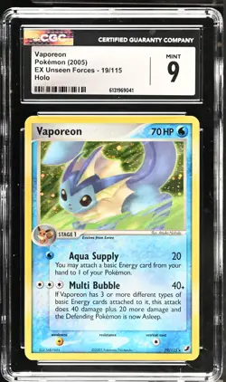 CGC 9 MINT Vaporeon 19/115 Holo EX Unseen Forces Pokemon Card - Image 1