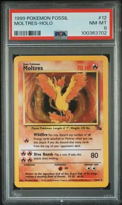 1999 Pokemon Fossil Moltres Holo #12 PSA 8 NM-MT - Image 1