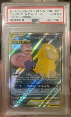 2019 Pokemon Unified Minds #218 Full Art Slowpoke & Psyduck GX PSA 10 - Image 1