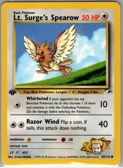 Lt. Surge's Spearow 1st Edition 83/132 Gym Heroes - Pokemon Card - NM - Image 1