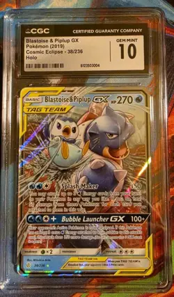 2019 Pokemon Blastoise & Piplup GX 38/236 Cosmic Eclipse Holo CGC 10 - Image 1