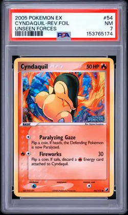 2005 POKEMON EX UNSEEN FORCES #54 CYNDAQUIL-REVERSE FOIL PSA 7 - Image 1