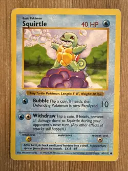 Pokemon TCG Squirtle Base Set 63/102 Regular Shadowless Common HP - Image 1