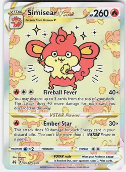 Pokemon Simisear VSTAR GG37/GG70 Holo Crown Zenith Galarian Gallery Pokemon NM - Image 1