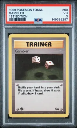 1999 POKEMON FOSSIL 1ST EDITION #60 GAMBLER PSA 3 - Image 1