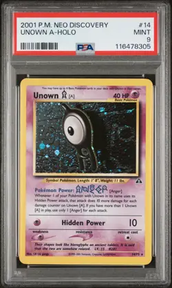 Pokemon TCG Unown A 14/75 Neo Discovery Holo Rare PSA 9 - Image 1