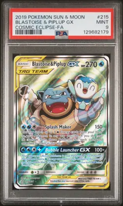 2019 POKEMON SUN & MOON COSMIC ECLIPSE #215 FULL ART/BLASTOISE & PIPLUP GX PSA 9 - Image 1