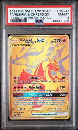 2021 POKEMON SM BLACK STAR PROMO #SM247 FULL ART/RESHIRAM & CHARIZARD GX PSA 8 - Image 1