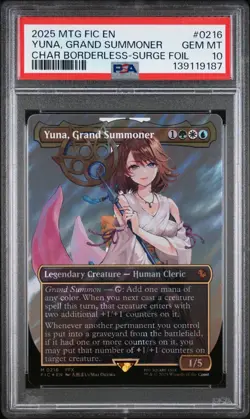 2025 MTG FF COMMANDER CHARACTER BORDERLESS-SURGE FOIL YUNA GRAND SUMMONER PSA 10 - Image 1