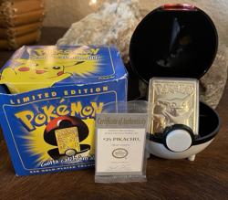 1999 Pokemon Pikachu 23K gold-plated trading card with ball and box. - Image 1