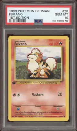 1999 Pokemon GERMAN 1st Edition Base Set Fukano-Growlithe 28/102 PSA 10 GEM MINT - Image 1
