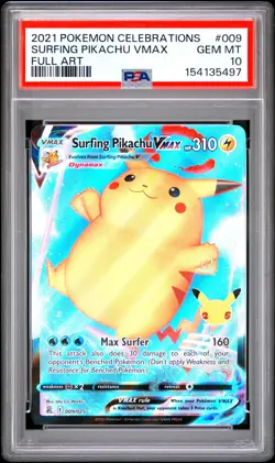 2021 POKEMON CELEBRATIONS #009 FULL ART/SURFING PIKACHU VMAX PSA 10 - Image 1