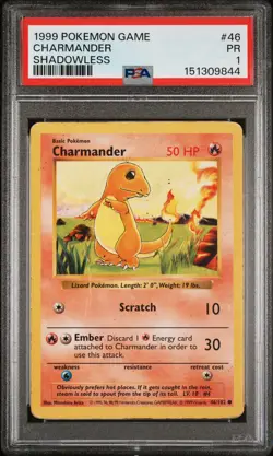 1999 POKEMON BASE SET SHADOWLESS #46 CHARMANDER PSA 1 - Image 1