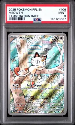 2025 Pokemon Pfl En-Phantasmal Flames #106 Meowth Illustration Rare PSA 9 - Image 1