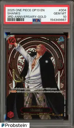 2025 One Piece OP13 ENGLISH 3rd Anniversary Gold #004 Shanks PSA 10 GEM MINT - Image 1