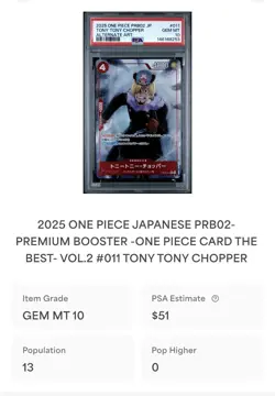 One Piece PRB02 The Best JP OP10-011 Tony Tony Chopper w/Sanji Alt Art PSA 10 - Image 3