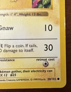 Pokemon Pikachu Card Red Cheek Shadowless 58/102 Base Set Rare - Image 3